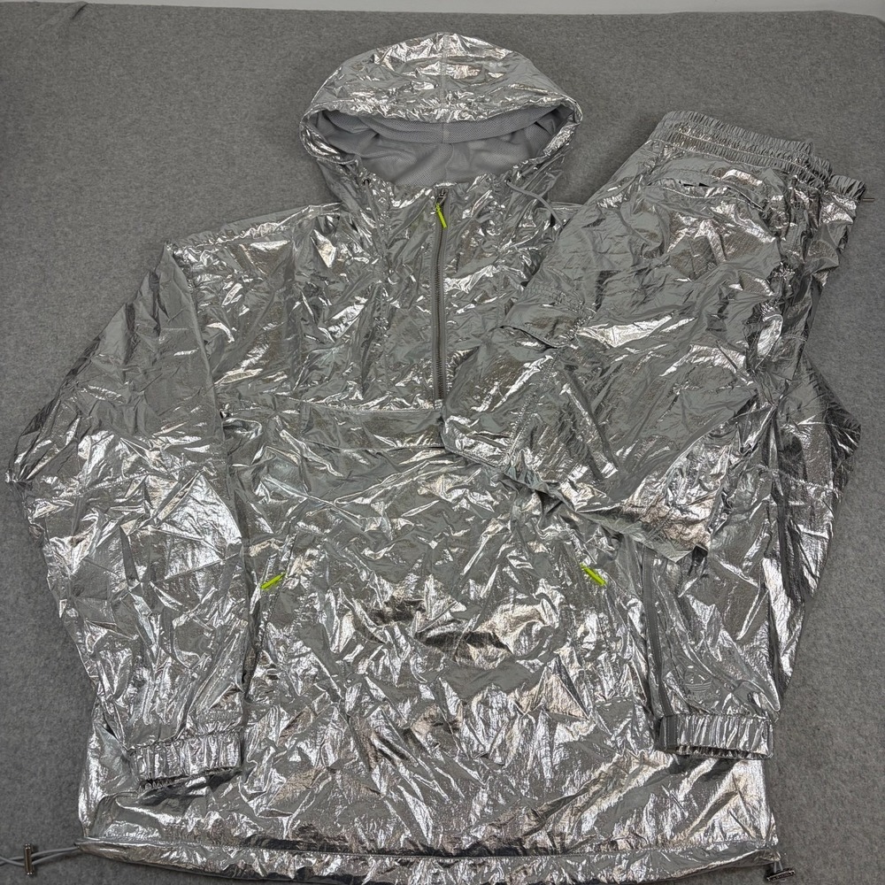 Adidas Ivy Park Metallic Silver Foil Hooded Anorak Jacket and Pants Womens M